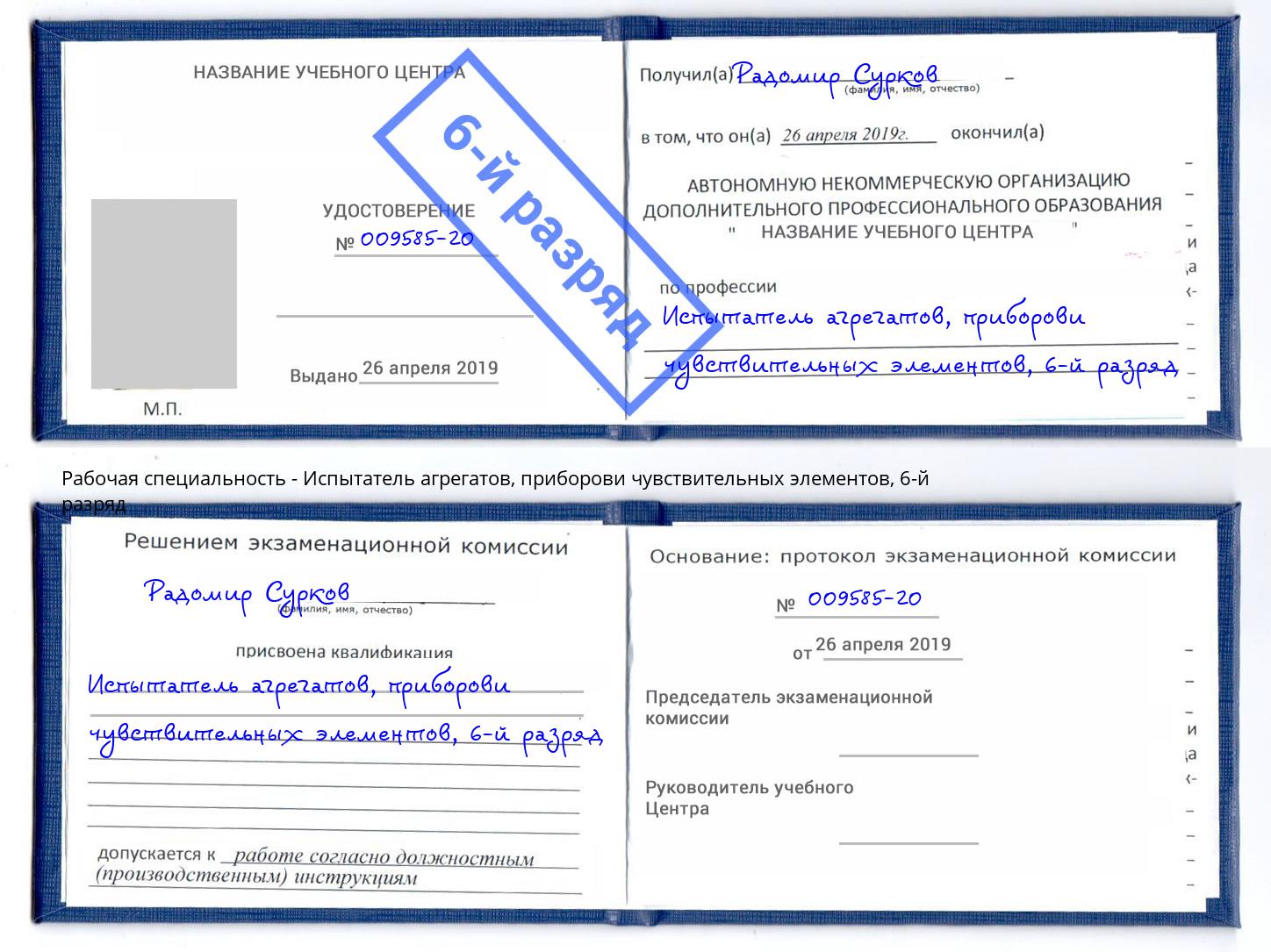 корочка 6-й разряд Испытатель агрегатов, приборови чувствительных элементов Белгород