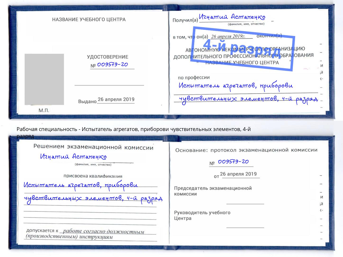 корочка 4-й разряд Испытатель агрегатов, приборови чувствительных элементов Белгород