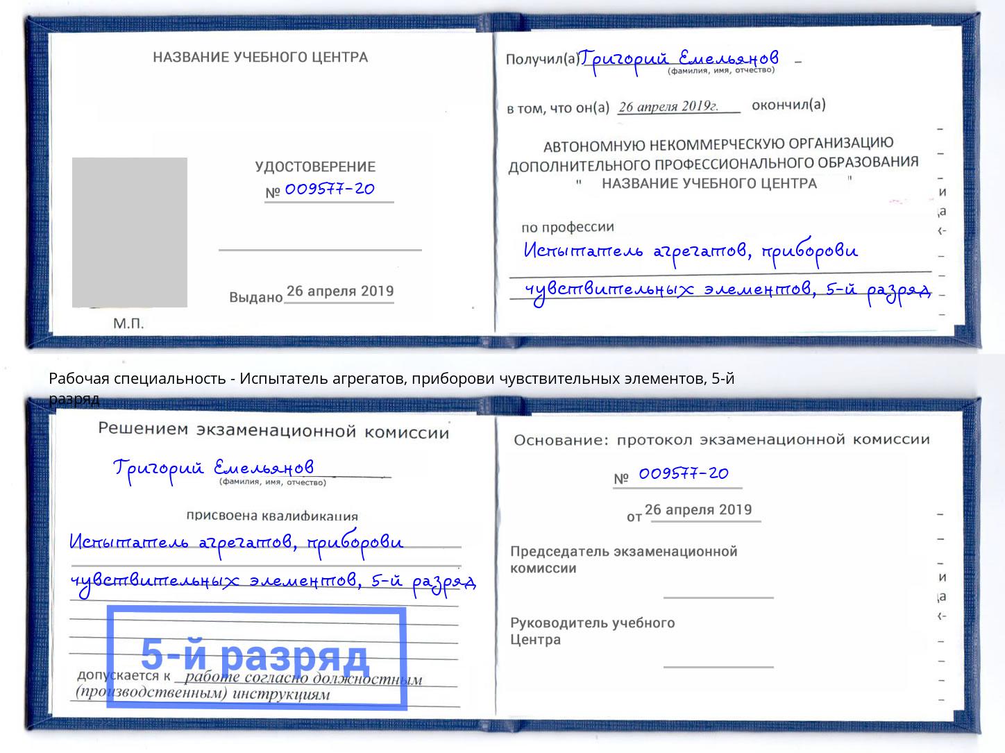 корочка 5-й разряд Испытатель агрегатов, приборови чувствительных элементов Белгород