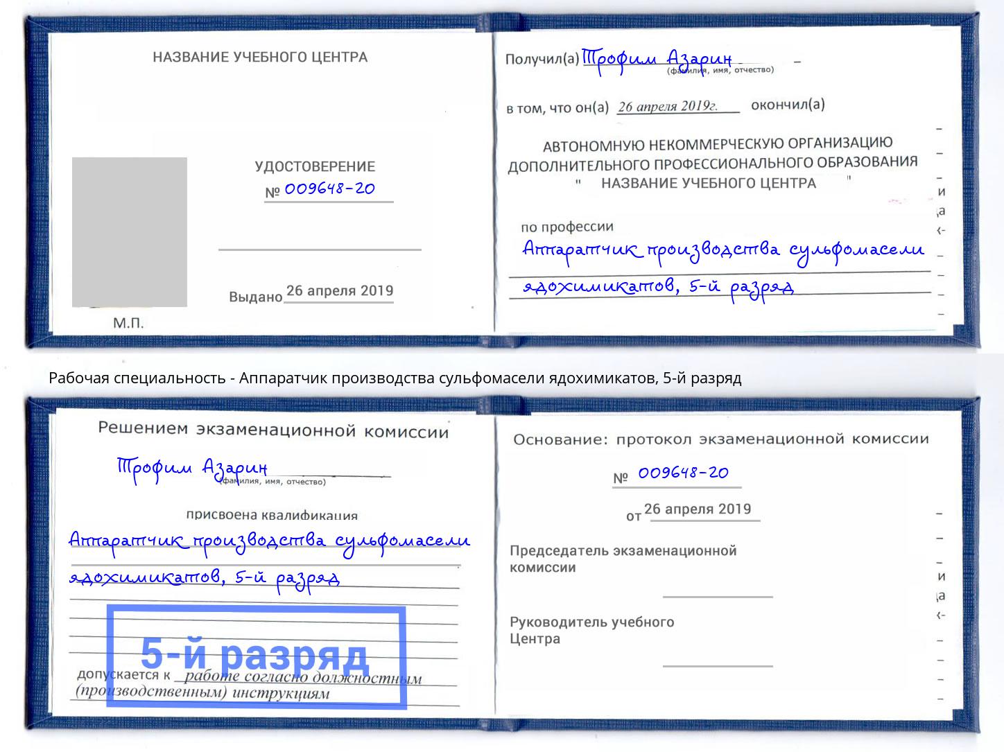 корочка 5-й разряд Аппаратчик производства сульфомасели ядохимикатов Белгород