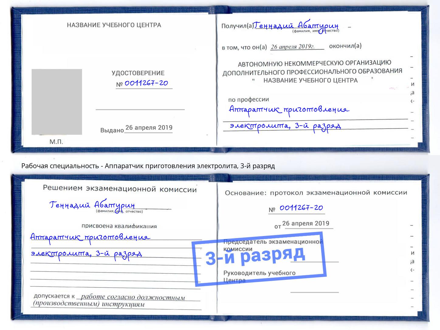 корочка 3-й разряд Аппаратчик приготовления электролита Белгород