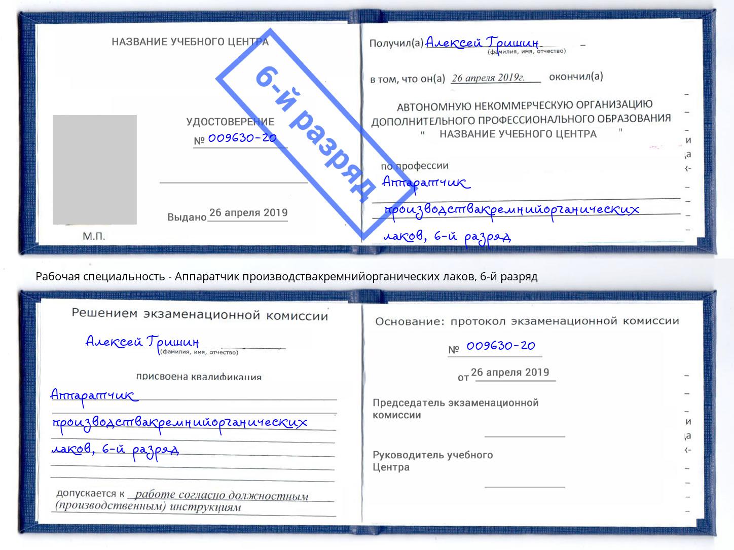 корочка 6-й разряд Аппаратчик производствакремнийорганических лаков Белгород