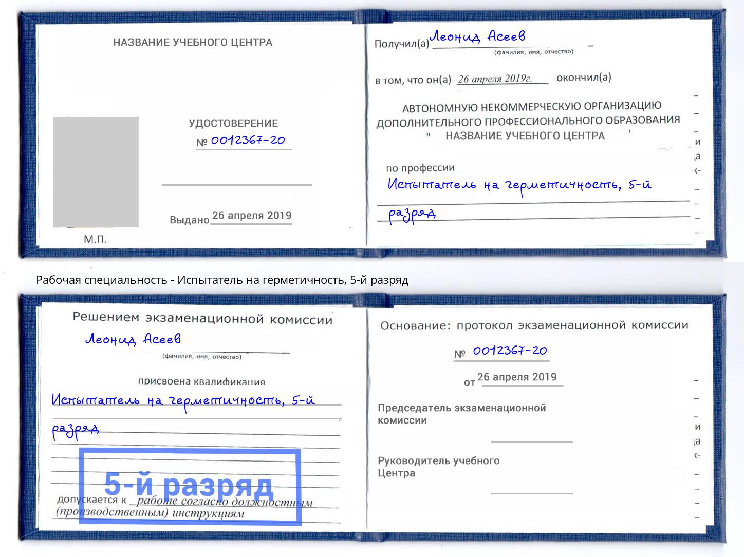 корочка 5-й разряд Испытатель на герметичность Белгород