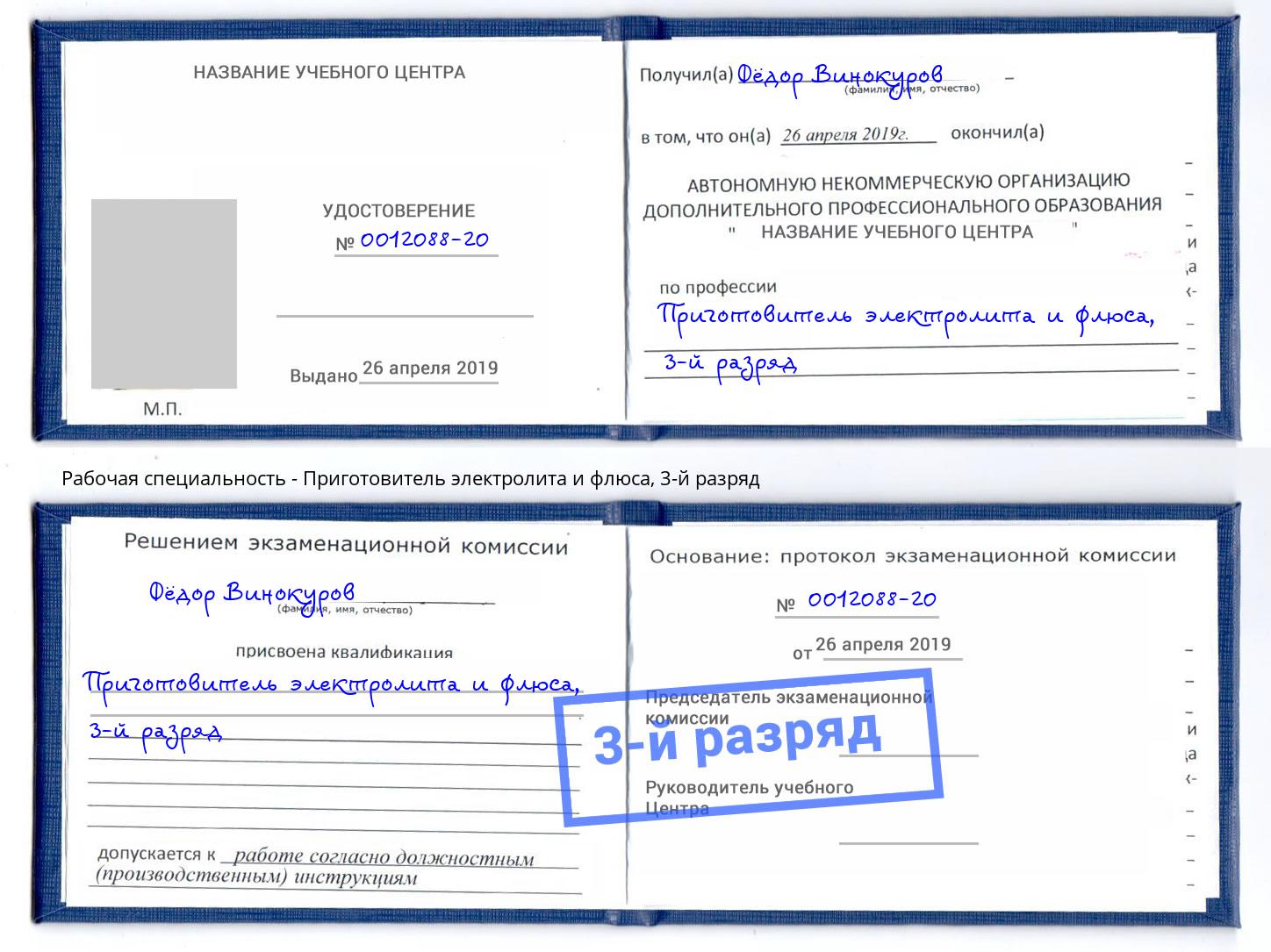 корочка 3-й разряд Приготовитель электролита и флюса Белгород